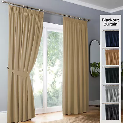 Pencil Pleat Blackout Curtains Energy Saving Tape Top Thermal Curtain Panels UK • £28.04