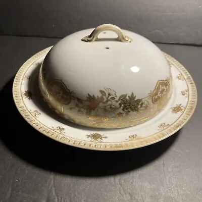 $47 • Buy ANTIQUE Hand Painted Nippon Gold Gilt Round Domed Lid Cheese/ Butter Keeper