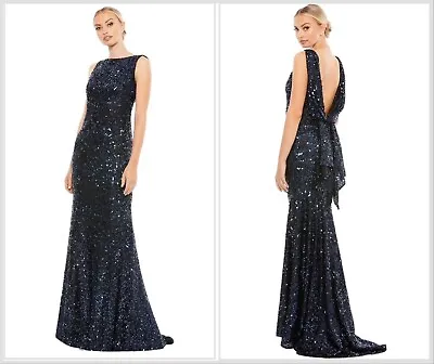 IEENA MAC DUGGAL Cowl Back Boat Neck Sequined Evening Gown 26331 Midnight Blue 6 • $125