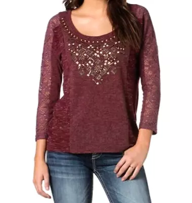 Miss Me Women's Just Bead It Embellished Crochet Long Sleeve Knit Top RED SMALL • $14.99