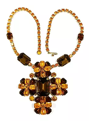 Maltese Cross Pendant Necklace Topaz Amber Rhinestone Glass Rhinestones • $55
