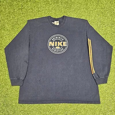Vintage 90's XL Faded Authentic Nike Swoosh Check Logo Navy Long Sleeve T-Shirt • $22