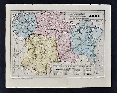 1864 Le Bealle Map France - Department Aude Carcassonne Narbonne Limoux Tour De • $20