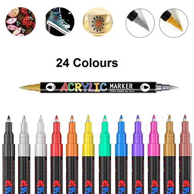 24 Colours Acrylic Paint Pens Double End Markers Waterbased Pen Set DIY Craft • £7.16