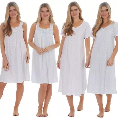 Ladies 100% Cotton Floral Nightie Womens Nightdress White Size 10-32 • £11.95