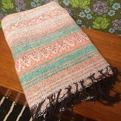 Pink Green Mexican Woven Stripy Falsa Yoga Picnic Blanket Throw • £22.99