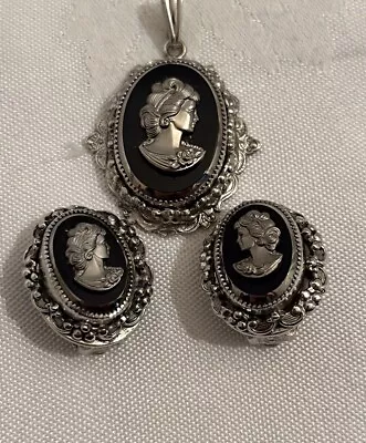 Whiting And Davis Pendant Earrings Set 1950s Silver Tone Black Cameo Vintage • $30