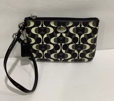 Coach Black Gray White Wristlet Peyton Dream Coated Canvas Patent Leather Strap • $29.99