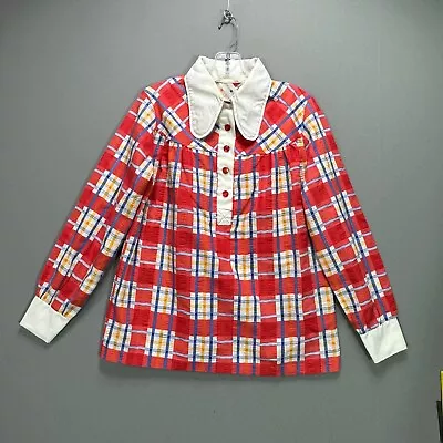 Womens Vintage 70s Plaid 1/4 Button Big Collar Shirt Red White Blue L/S School • £103.18