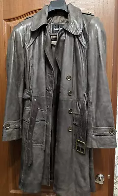 Ladies LONG LEATHER TRENCH COAT 10 Military Belt Spy Soft Distressed KEENAN • $58