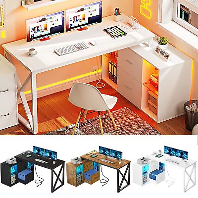55  L Shaped Desk W/ Power Outlet & Drawers LED Reversible Corner Computer Desk • $156.99