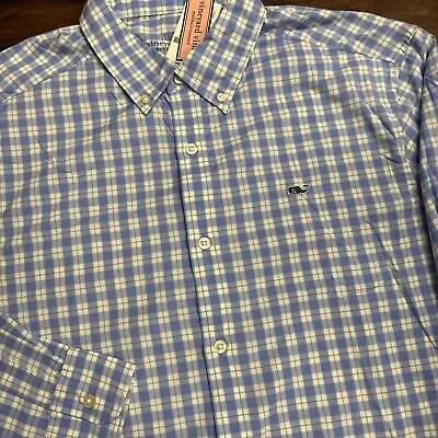 NWT Vineyard Vines SZ L Performance Bay Blue Plaid LS Whale Shirt Classic Fit • $54.95