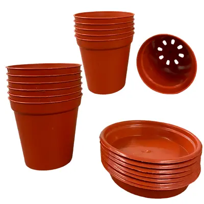 10x IBBY Terracotta Plastic Plant Pots & Saucer Garden Flowers Planter 3  -7.5cm • £5.94