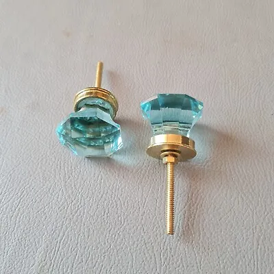 Vtg Aqua Blue Victorian Diamond Cut Glass Drawer Knob Handle Pull 1.6  Set 2PC • $26.97