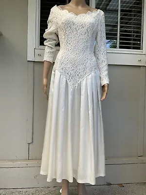 Vtg 80s Ivory Lace Bodice Fit And Flare Wedding Special Occasion MOB Dress 10 • $115