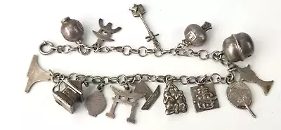 Vintage STERLING SILVER Asian Japanese Chinese Charm Bracelet Loaded Art Deco • $8.50