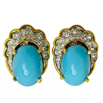 Vtg Jomaz Signed Gold Faux Turquoise Crystal Designer Clip On Earrings • $49.99