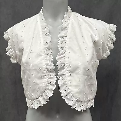 Vtg White Eyelet Cropped Bolero Jacket W/ Ruffles S / M • $32