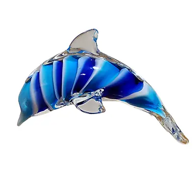 Hand Blown Art Glass Dolphin Figurine Paperweight Murano Style Blue White Swirl • $14.99