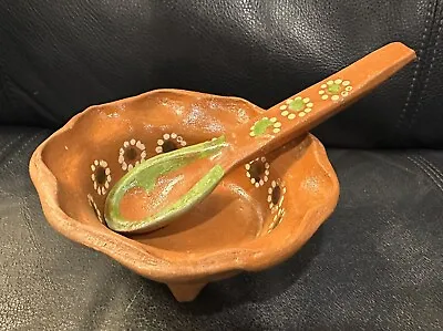 Mexican Salsa Bowl Terra Cota With Spoon Hand-Made Clay Floral Design • $25