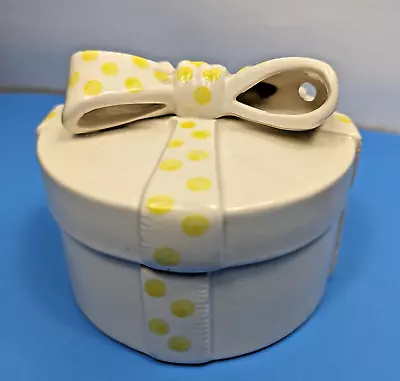 Vintage Ceramic Trinket Gift Box Storage Round Jewelry Box Yellow Dot Bow • $11