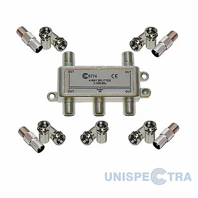 Four Way Digital HD TV Splitter 1 AERIAL TO 4 TV's CONNECTORS PROFESSIONAL KIT • £6.66