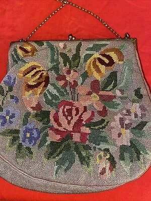 Vintage Tapestry Floral Needlepoint Purse Handbag Goldtone Chain And Trim • $35.99