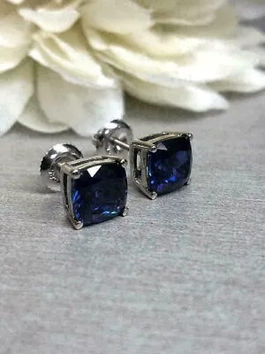 4Ct Cushion Cut Blue Sapphire Diamond Halo Stud Earrings 14K White Gold Finish • $49