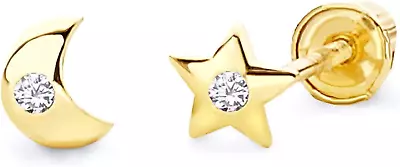 14K Yellow Gold Moon And Star Stud Earrings With Screw Back - 2 Different Color  • $51.42