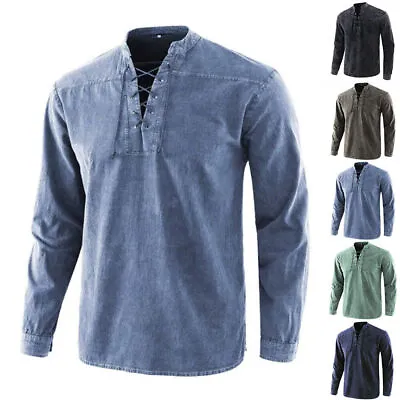 Men's Medieval Vintage Long Sleeve Tunic Tops Shirt Lace Up Pullover Blouse Tee  • £12.62