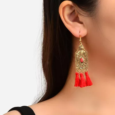 Ethnic Indian Jewelry Red Tassel Antique Gold Carved Hollow Chandelier Earrings • $2.98