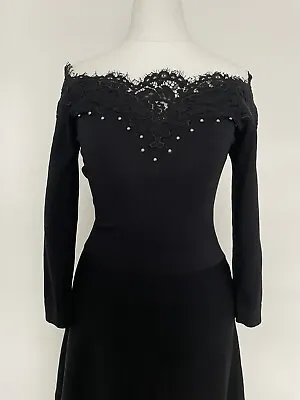 Exquisite Karen Millen Fine Knit Lace Dress 3/4 Sleeve Black Fit And Flare SZ XS • £13.40