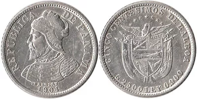 1904 Panama 5 Centesimos Silver Coin Balboa KM#2 • $23.50