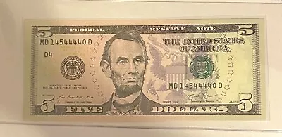 2013 (MD) $5 Five Dollar Bill Federal Reserve Note Cleveland Fancy 5 4s Crisp • $11.95