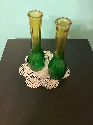 Vintage Retro Pair Of Green To Amber Bud Vases 8 3/4 Lot Of 2 • $12