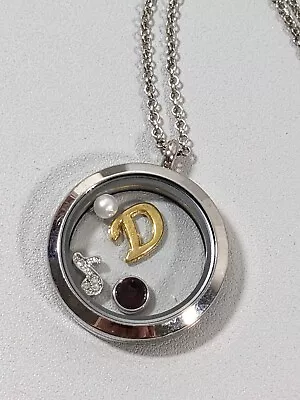 Silver Tone Floating Charm Locket Initial Letter D Music Note Pendant Necklace • $7.34