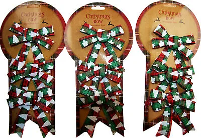 Red Tartan Christmas Bow Decorations - White Tree Print (Set Of 9) • £4.99