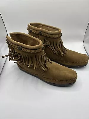 Minnetonka Womens Size 6.5 Brown Suede Fringe Back Zip Ankle Boots Moccasins • $16