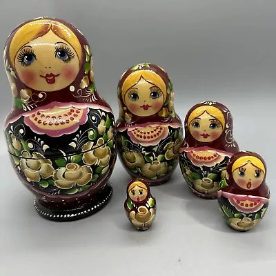 Vintage Russian Wooden Nesting Dolls Set Of 5 Burgundy Floral Hand Painted • $24.97
