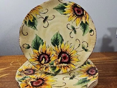 3 Vibrant MAXCERA Cream Sunflower Dinner Plates With Wavy Rims • $20