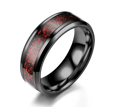 Mens Vintage Steel Dragon Patch Striped Ring Red/Black Size 9 • $12.99