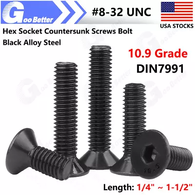 #8-32 Hex Socket Countersunk Screws Bolt Black Alloy Steel 10.9 Grade DIN7991 • $7.95