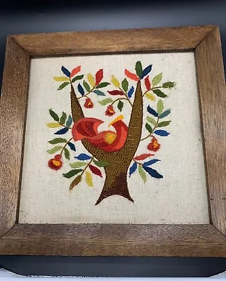 Needlepoint Complete Bird In Tree Oak Wood Frame Multicolor Leaves Vintage BOHO • $15