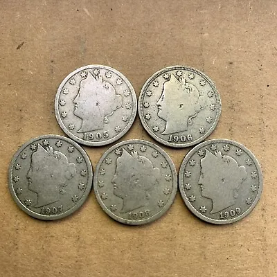 $7.75 • Buy 5-Liberty V Nickel Lot. 1905, 1906, 1907, 1908 & 1909. FREE SHIPPING