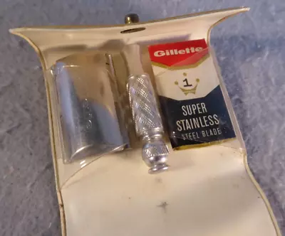 Vintage 1960s Gillette Mini Razor Shaver Travel Set Gold Case Stainless Blade • $13.95
