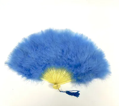 SKY BLUE Marabou FEATHER FAN 12  X 20  Opens & Closes Burlesque Wedding Costume • $23.39