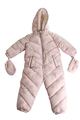 Girls Baby Pink Fleece Lined F&F 3-4 Years All In One Snow Ski Suit With Mittens • £22.40