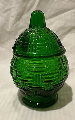 Vintage Green Glass Honey Pot W Lid Basketweave Pattern • $17.99