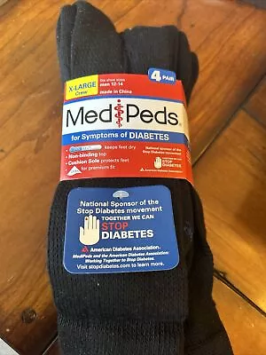 MediPeds Men's Crew Socks 4 PAIR CoolMax Diabetic Black Size XL X-Large 12-14 • $12.49