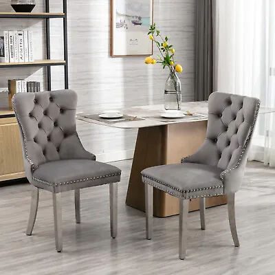 2 Set Velvet Tufted Dining Chairs Kitchen Chairs Chrome Stainless Steel Leg Gray • $229.99